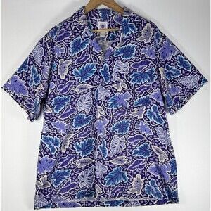 Vintage Meet Me in Maui Hawaiian Camp Shirt Mens Large Purple Blue Leaf Aloha